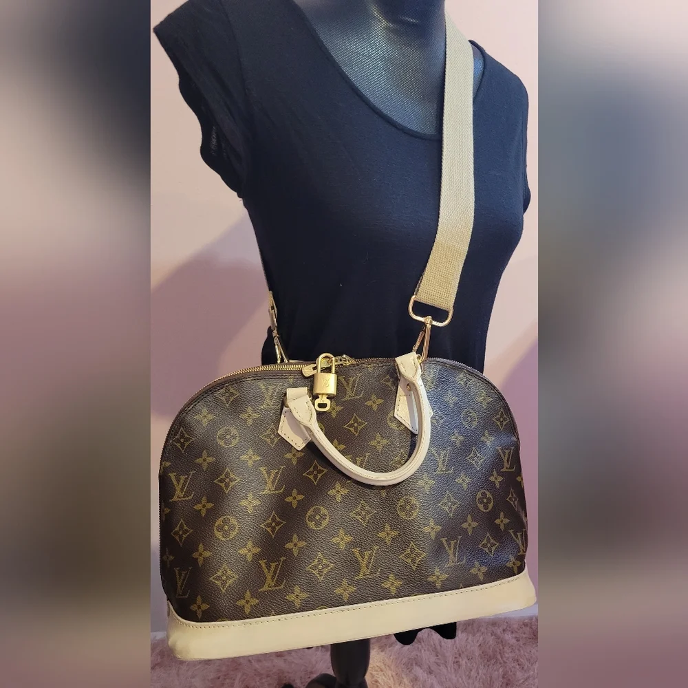 Louis Vuitton Monogram Canvas Alma Crossbody Bag with Cream Trim and Beige Strap
